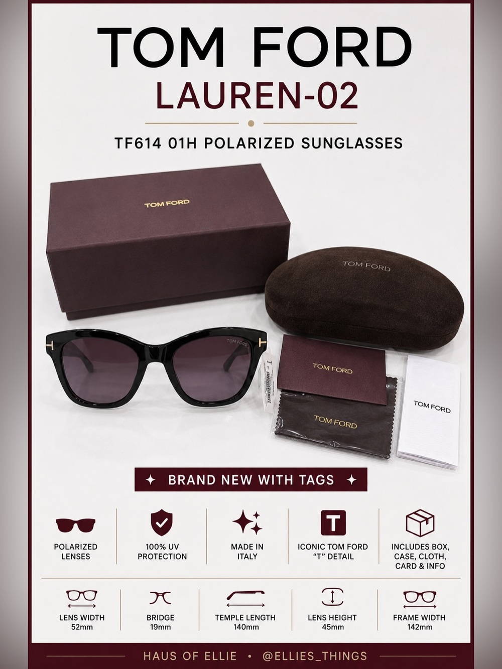 NWT Tom Ford Lauren-02 TF614 Polarized Sunglasses Shiny Black Complete Set